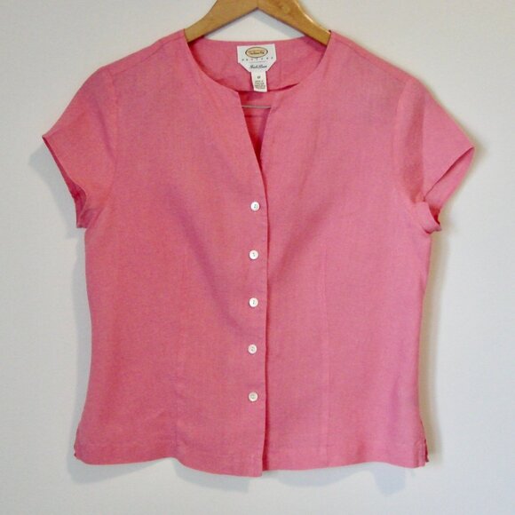 Pink Linen Top Blouse Irish Linen V-neck Button Front Talbots Petite Size 10 - Picture 1 of 12